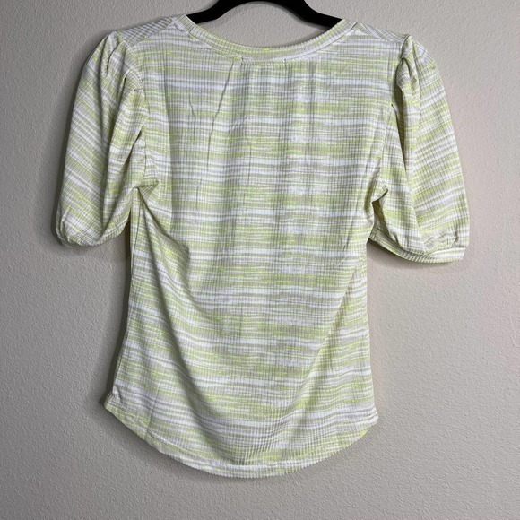 Good Luck Gem Striped Puff Sleeve Top Ribbed Knit Tee Chartreuse White M - Picture 9 of 10